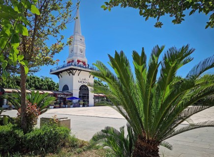 KEMER, TURKEY - JULY 5, 2025 Beautiful view to Kemer Saat Kulesi today Cafe Mokka in the city
