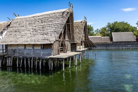 Traditional stilt house towers over shimmering green water in tranquil surroundings, Lake Dwellings