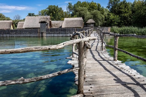 Wooden bridge leads over clear water to thatched huts surrounded by trees, pile dwellings