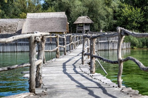 Rustic wooden bridge leads through lush vegetation over the water, pile dwellings Unteruhldingen