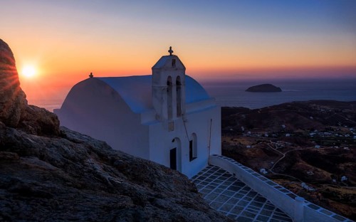 Sunrise over a small chapel, Kato Chora, Serifos, Cyclades Islands, Greece