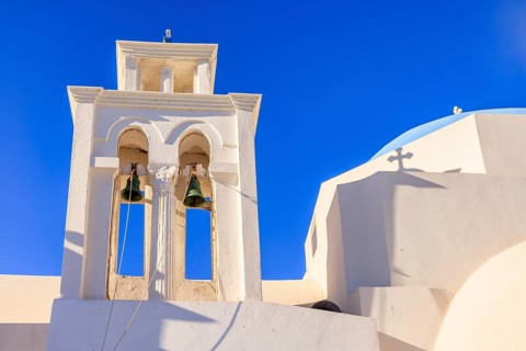 The bell tower of the church Evangelistria, Kato Chora, Serifos, Cyclades Islands, Greece