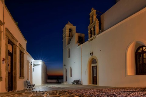 Evening light at the main square of the village Plaka, Milos, Cyclades Islands, Greece