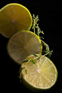 Three lime slices with green decoration