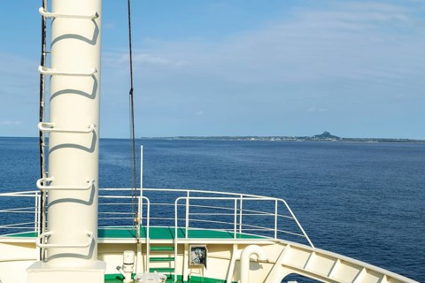 Deck of the Marix Line ferry Queen Coral Plus with a view of Ie Island, Motobu, Kunigami District,