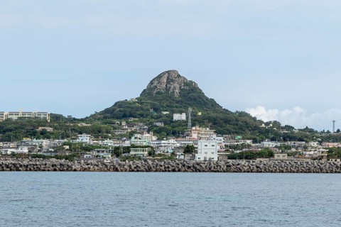 View of the harbour and Mount Gusuku on Ie-jima, Ie Island, Motobu, Kunigami District, Okinawa,