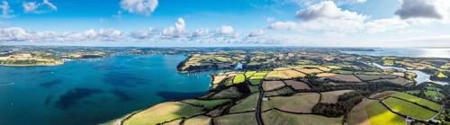 Panorama of Farms and Fields over St Mawes from drone, Carrick Roads, River Fal, Falmouth,