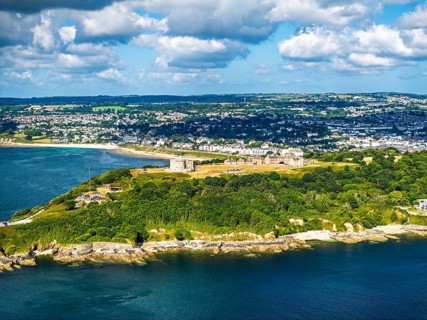 Pendennis Castle and Pendennis Point from a drone, Falmouth, Cornwall, UK