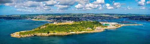 Panorama of Pendennis Castle and Pendennis Point from a drone, Falmouth, Cornwall, UK