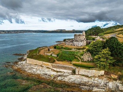 St Mawes Castle from a drone, Carrick Roads, River Fal, Falmouth, Cornwall, UK