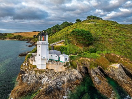 St Anthony Lighthouse from drone, Roseland peninsula, Head circular walk, Cornwall, UK