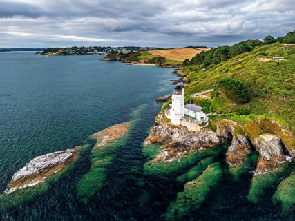 St Anthony Lighthouse from drone, Roseland peninsula, Head circular walk, Cornwall, UK