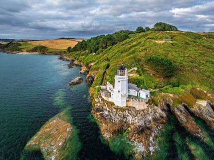 St Anthony Lighthouse from drone, Roseland peninsula, Head circular walk, Cornwall, UK