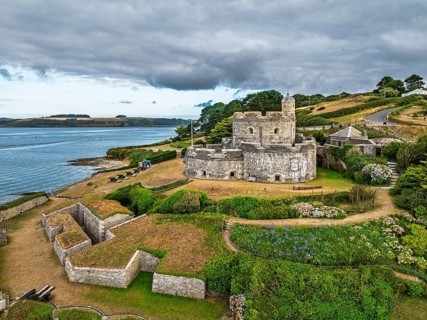 St Mawes Castle from a drone, Carrick Roads, River Fal, Falmouth, Cornwall, UK