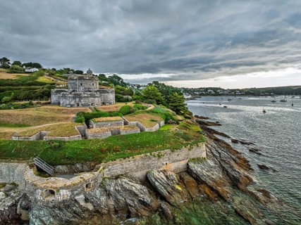 St Mawes Castle from a drone, Carrick Roads, River Fal, Falmouth, Cornwall, UK