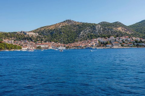 View of the harbour and the town of Hvar from the sea, island of Hvar, Dalmatia, Croatia