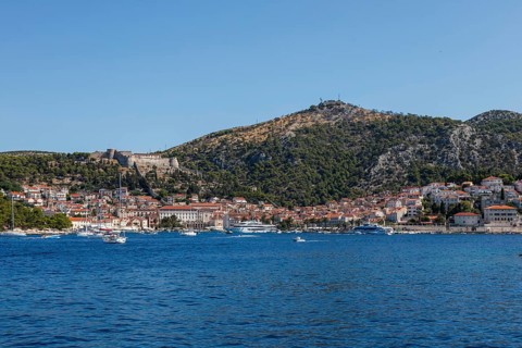 View of the harbour and the town of Hvar from the sea, island of Hvar, Dalmatia, Croatia