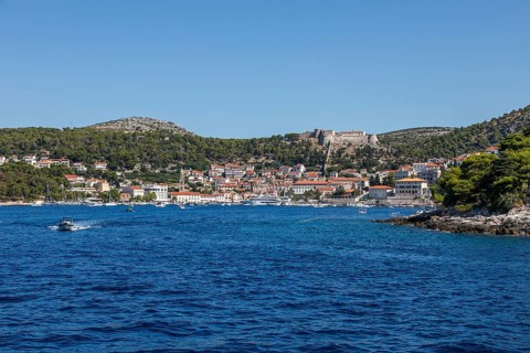 View of the harbour and the town of Hvar from the sea, island of Hvar, Dalmatia, Croatia