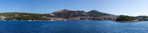 View from the sea to the harbour and the town of Hvar, panoramic view, island of Hvar, Dalmatia,