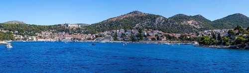 View from the sea to the harbour and the town of Hvar, panoramic view, island of Hvar, Dalmatia,