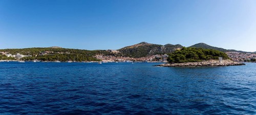 View from the sea to the harbour and the town of Hvar, panoramic view, island of Hvar, Dalmatia,
