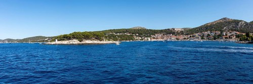 View from the sea to the harbour and the town of Hvar, panoramic view, island of Hvar, Dalmatia,