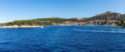 View from the sea to the harbour and the town of Hvar, panoramic view, island of Hvar, Dalmatia,
