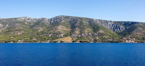 View from the sea to Ivan Dolac, panoramic view, island Hvar, Dalmatia, Croatia
