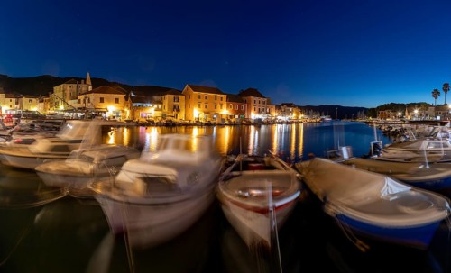 Boats in the harbour, blue hour, panoramic shot, Starigrad, Dalmatia, Croatia