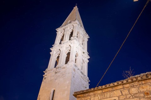 Bell tower, Church of St Stephen, night shot, Starigrad, Island of Hvar, Dalmatia, Croatia
