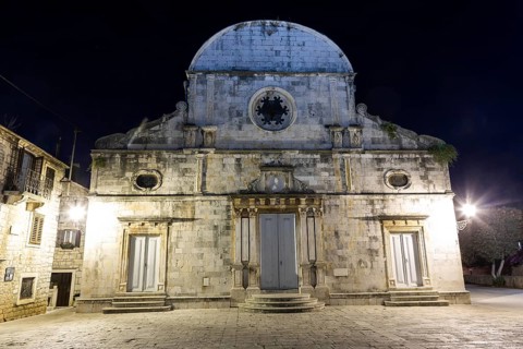 Church facade, Church of St Stephen, night shot, Starigrad, Island of Hvar, Dalmatia, Croatia