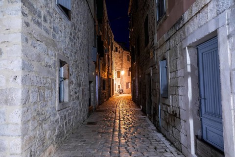 Alley in the old town centre, night shot, Starigrad, island of Hvar, Dalmatia, Croatia