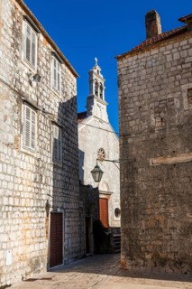 Church tower, bell tower, Crkva sv. Roka, Starigrad, Island of Hvar, Dalmatia, Croatia