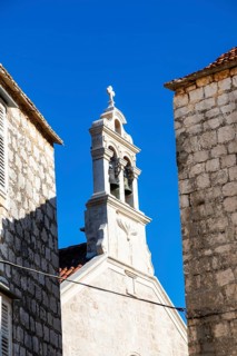 Church tower, bell tower, Crkva sv. Roka, Starigrad, Island of Hvar, Dalmatia, Croatia