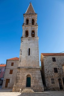 Bell tower, Church of St Stephen, Starigrad, Island of Hvar, Dalmatia, Croatia