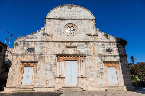Church facade, Church of St Stephen, Starigrad, Island of Hvar, Dalmatia, Croatia