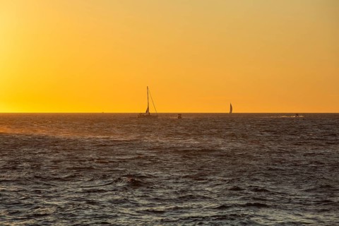 Sunset over the sea, sailing ship, near Starigrad, Dalmatia, Croatia