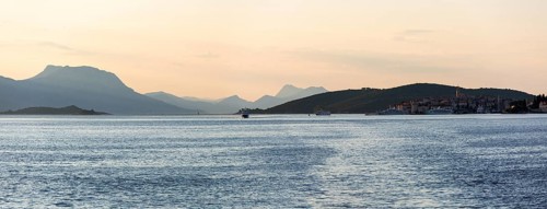 View from the sea to the Makarska mountains in the morning light, near Korcula, Dalmatia, Croatia