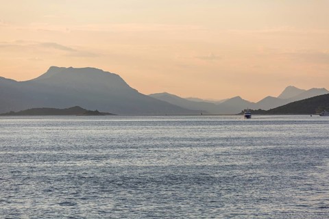 View from the sea to the Makarska mountains in the morning light, near Korcula, Dalmatia, Croatia