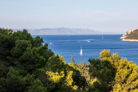 View from the island of Vis to the island of Hvar, sailing ships off the bay of the town of Vis,