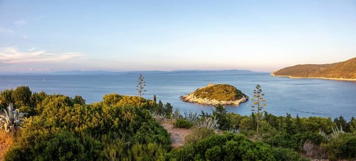 View from the island Vis to an offshore island, bay of the town Vis, panoramic view, island Vis,