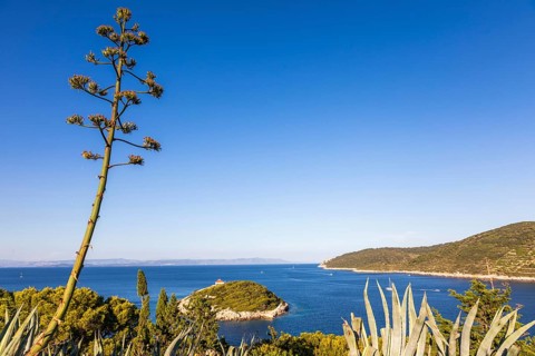 View from the island of Vis to the island of Hvar, small offshore island in the bay of the town of