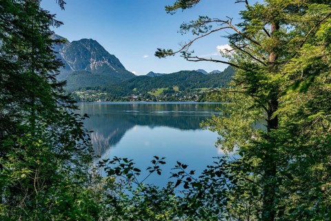 View of Lake Altaussee, framed by trees and mountains under a blue sky, Altaussee, Styria, Austria