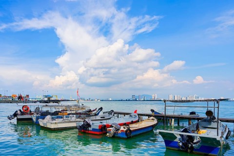 Anchored motorboats at Chew jetty, George Town, Penang, Malaysia