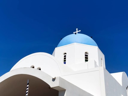 Church of St Gerasimos with blue dome, Firostefani, Thira, Santorini, Cyclades, Greece