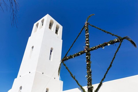 Bell tower of the church of St Gerasimos, Firostefani, Thira, Santorini, Cyclades, Greece