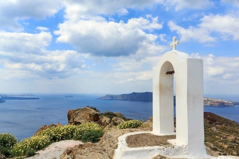 Coastline, view of the caldera, hiking trail from Fira to Oia, Thira, Santorini, Cyclades, Greece