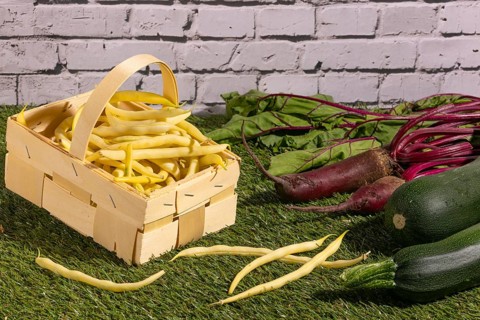 Vegetable mix of yellow beans, beetroot and courgettes on green grass