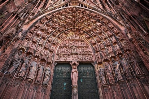 Tympanum, main portal, west portal of Notre-Dame Cathedral, Strasbourg, Strasbourg, Old Town,