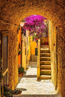 Narrow passageway on Via Roma, Capoliveri, Elba Island, Tuscan Archipelago National Park, Tuscany,